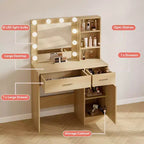 Toeletta con specchio, presa di corrente e 10 luci, tavolo da trucco con 3 cassetti, 3 modalità di colore disponibili per la camera da letto