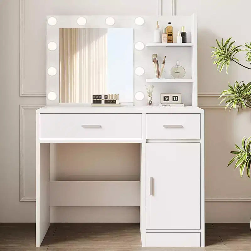  Vanity Desk with Mirror, Power Outlet and 10 Lights, Makeup Table with 3 Drawers,3 Color Modes Available for Bedroom