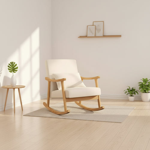  1/2 PCS Upholstered Rocking Chair with Pillow Rocking Armchair with Rubber Wood Frame Beige