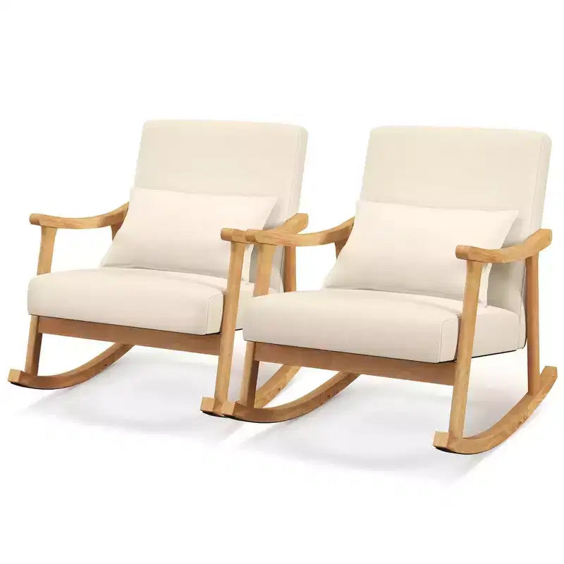 1/2 PZ Sedia a dondolo imbottita con cuscino Poltrona a dondolo con telaio in legno di gomma Beige