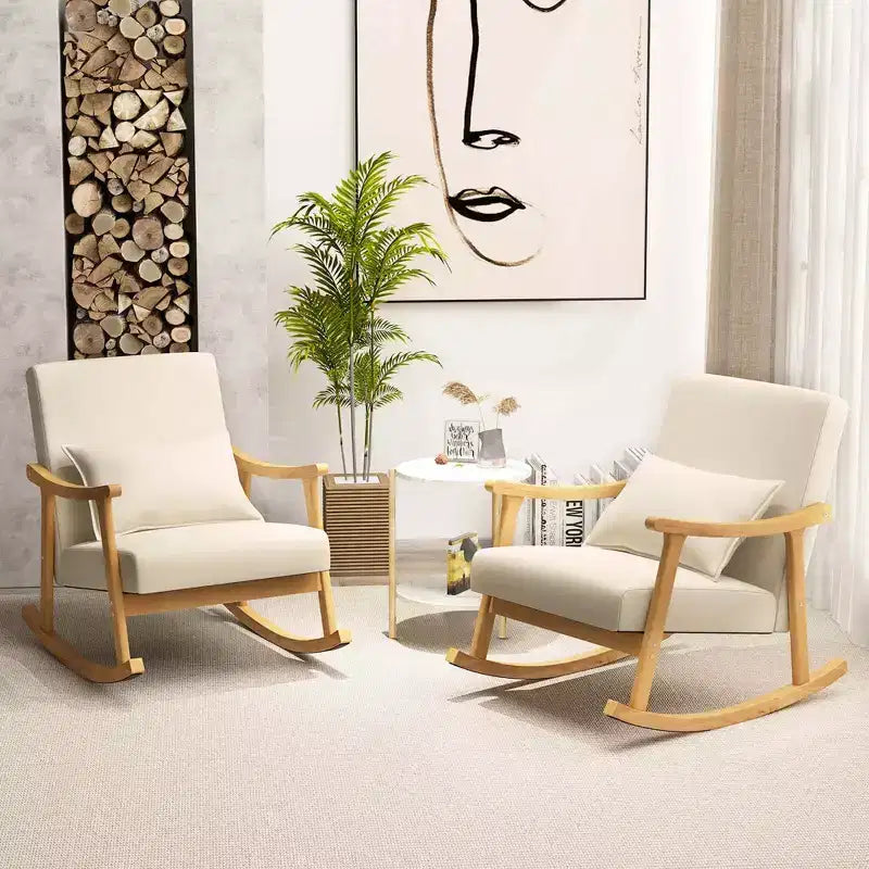1/2 PZ Sedia a dondolo imbottita con cuscino Poltrona a dondolo con telaio in legno di gomma Beige