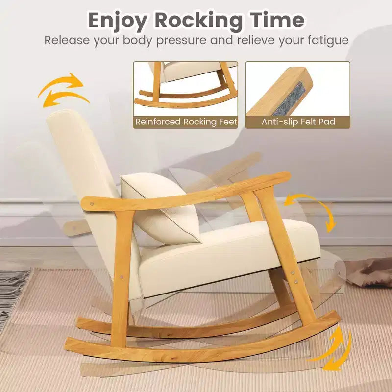 1/2 PZ Sedia a dondolo imbottita con cuscino Poltrona a dondolo con telaio in legno di gomma Beige