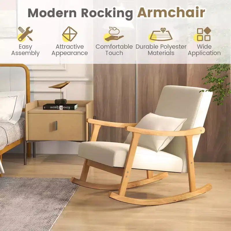 1/2 PZ Sedia a dondolo imbottita con cuscino Poltrona a dondolo con telaio in legno di gomma Beige