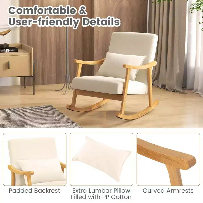 1/2 PZ Sedia a dondolo imbottita con cuscino Poltrona a dondolo con telaio in legno di gomma Beige