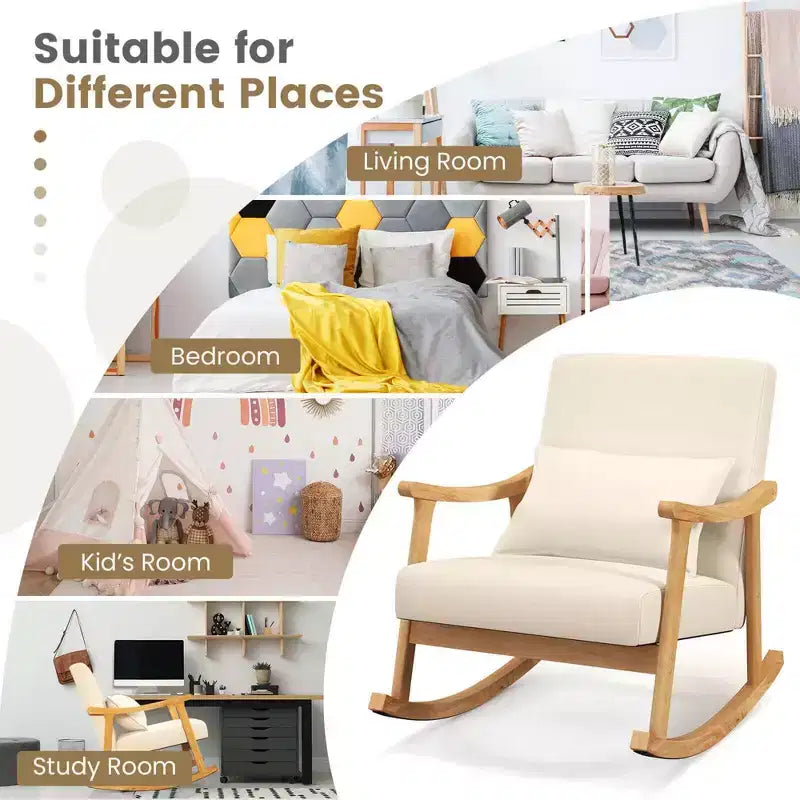1/2 PZ Sedia a dondolo imbottita con cuscino Poltrona a dondolo con telaio in legno di gomma Beige