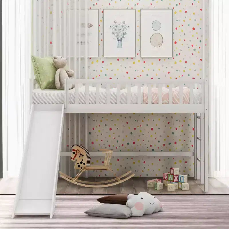 Letto a soppalco basso in legno misura doppia, con scaletta e scivolo, 77.4L x 40.5W, adatto a spazi piccoli