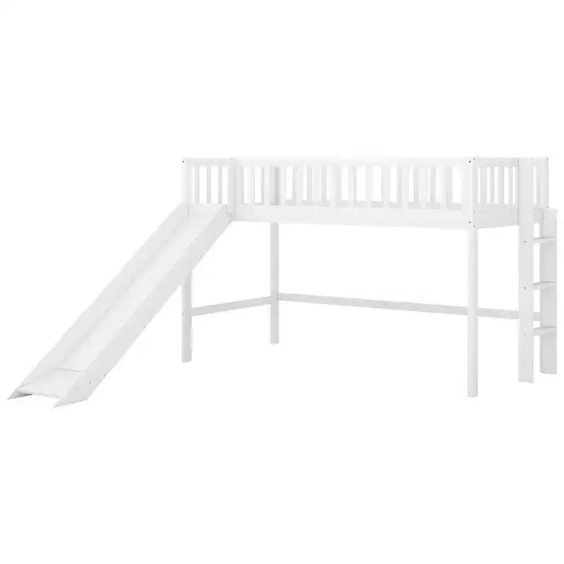 Letto a soppalco basso in legno misura doppia, con scaletta e scivolo, 77.4L x 40.5W, adatto a spazi piccoli