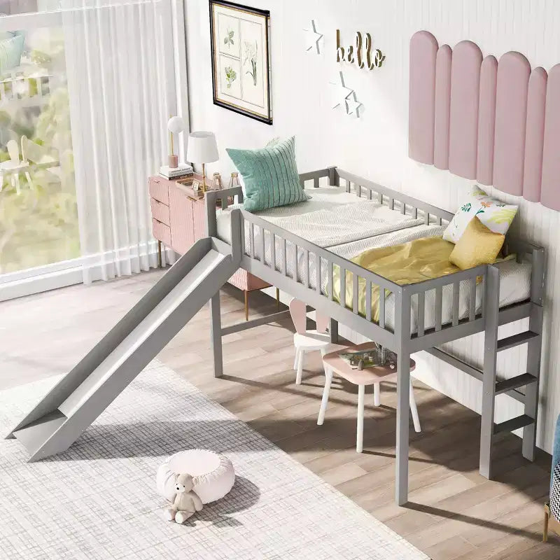 Letto a soppalco basso in legno misura doppia, con scaletta e scivolo, 77.4L x 40.5W, adatto a spazi piccoli