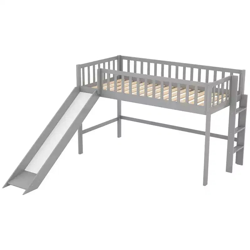Letto a soppalco basso in legno misura doppia, con scaletta e scivolo, 77.4L x 40.5W, adatto a spazi piccoli