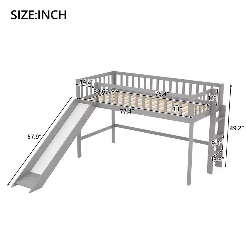 Letto a soppalco basso in legno misura doppia, con scaletta e scivolo, 77.4L x 40.5W, adatto a spazi piccoli