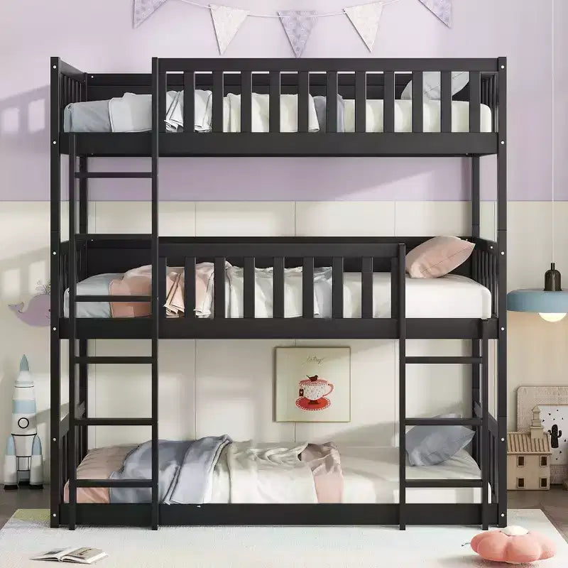  Triple Twin Size Rubber Wood Detachable Bunk Bed with Ladders and Guardrails