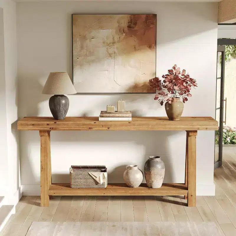  70.9-Inch Solid Wood Console Table, Farmhouse Long Sofa Table with Shelves for Entryway, Living Room, Hallway, Foyer