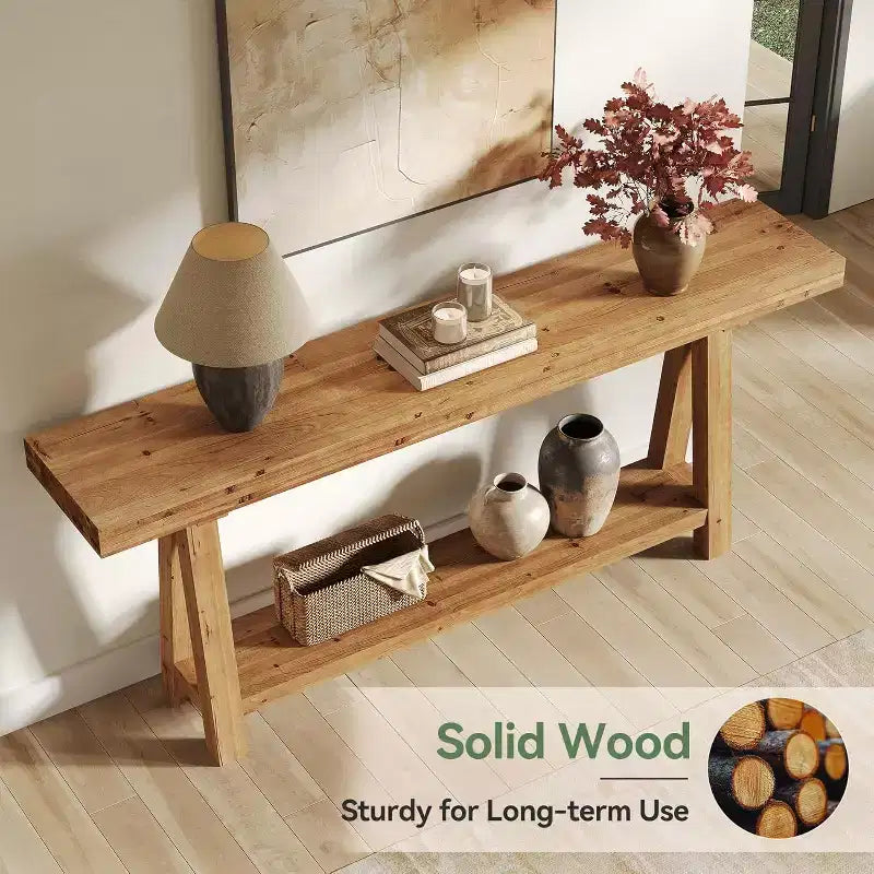 Tavolo console in legno massello da 70,9 pollici, tavolo lungo da divano in stile rustico con mensole per ingresso, soggiorno, corridoio, atrio