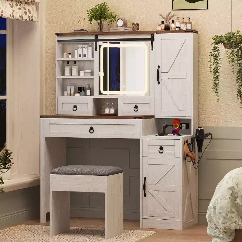  Farmhouse Vanity Desk with Sliding Mirror and Glass Top, Makeup Desk with Stool and Storage, Vintage Vanity for Living Room, White