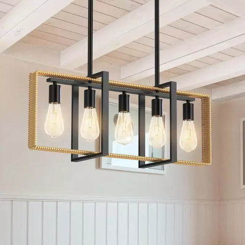 5-Light Rattan Island Light. Modern Farmhouse Chandelier w/ Adjustable Pendants. Black