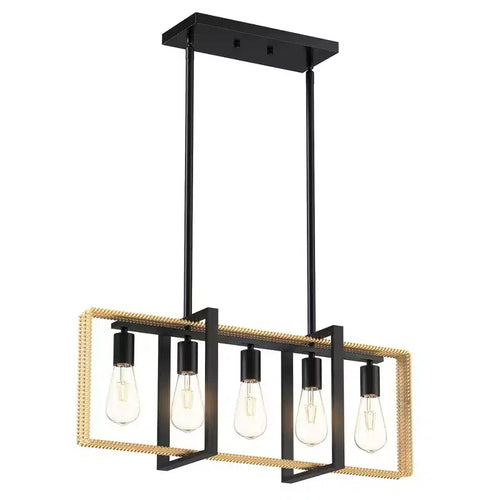 Lampadario a sospensione moderno stile coloniale con 5 luci e pendenti regolabili. Nero