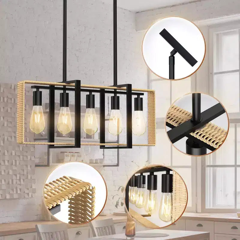 Lampadario a sospensione moderno stile coloniale con 5 luci e pendenti regolabili. Nero