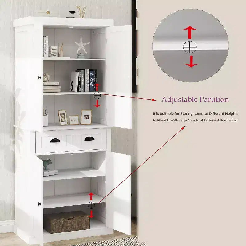 Armadio multiuso alto 180 cm con cassetto, 4 ante e ripiani regolabili per cucina o lavanderia
