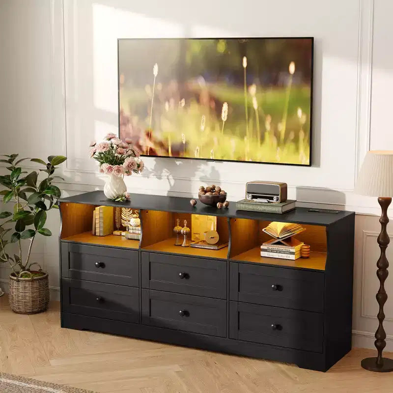 Cassettiera RGB a 6 cassetti da 63 pollici con presa di corrente e ripiani aperti, mobile porta TV in legno per soggiorno/camera da letto, nero