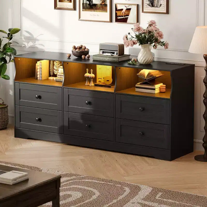 Cassettiera RGB a 6 cassetti da 63 pollici con presa di corrente e ripiani aperti, mobile porta TV in legno per soggiorno/camera da letto, nero