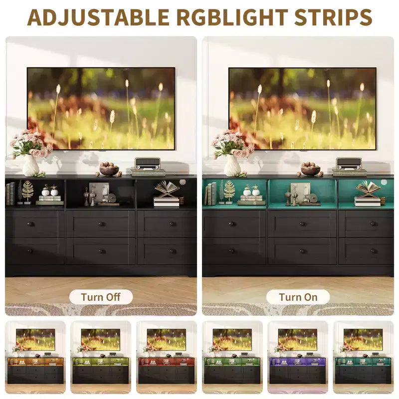 Cassettiera RGB a 6 cassetti da 63 pollici con presa di corrente e ripiani aperti, mobile porta TV in legno per soggiorno/camera da letto, nero