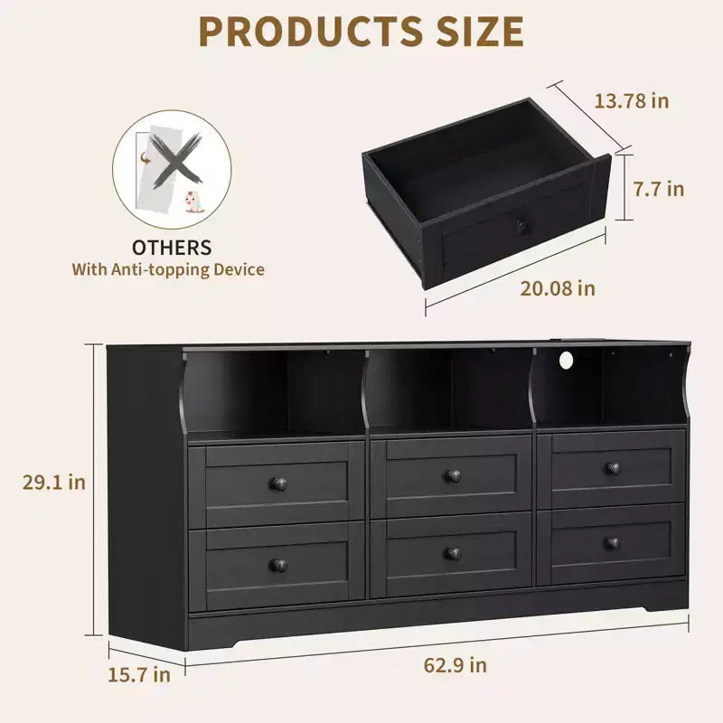 Cassettiera RGB a 6 cassetti da 63 pollici con presa di corrente e ripiani aperti, mobile porta TV in legno per soggiorno/camera da letto, nero