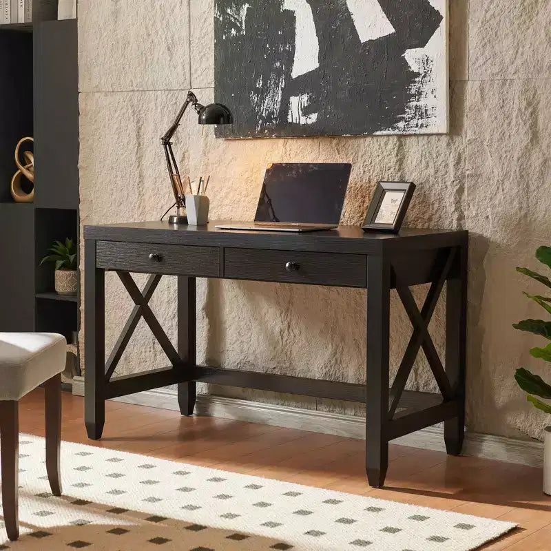  Wooden Home Office Desk,Wooden Knob Handles Writing Table with Two Drawers,X-Brace Leg Frame,Floating Computer Desk for Office,Study,Bedroom
