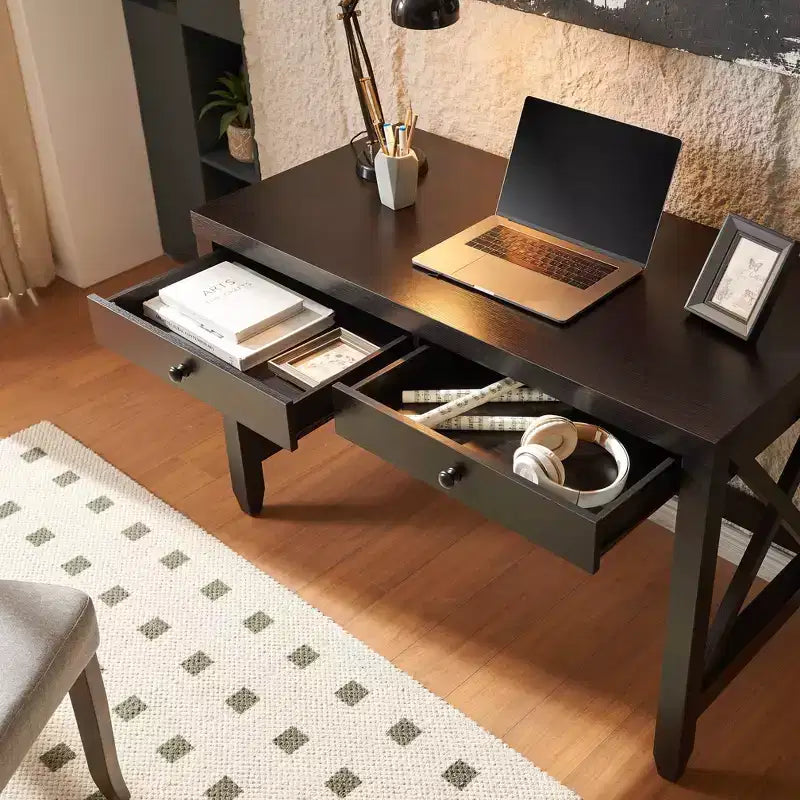 Scrivania in legno per ufficio domestico, tavolo da scrittura con maniglie a pomello in legno e due cassetti, telaio a gamba incrociata, scrivania galleggiante per ufficio, studio, camera da letto