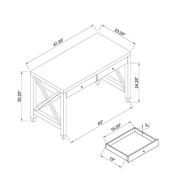 Scrivania in legno per ufficio domestico, tavolo da scrittura con maniglie a pomello in legno e due cassetti, telaio a gamba incrociata, scrivania galleggiante per ufficio, studio, camera da letto