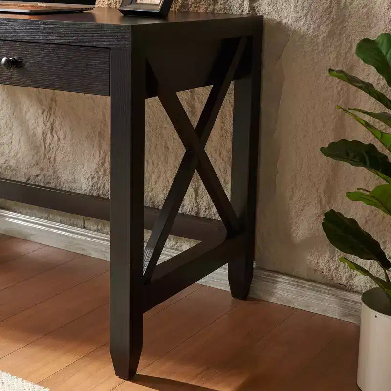 Scrivania in legno per ufficio domestico, tavolo da scrittura con maniglie a pomello in legno e due cassetti, telaio a gamba incrociata, scrivania galleggiante per ufficio, studio, camera da letto