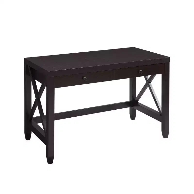 Scrivania in legno per ufficio domestico, tavolo da scrittura con maniglie a pomello in legno e due cassetti, telaio a gamba incrociata, scrivania galleggiante per ufficio, studio, camera da letto