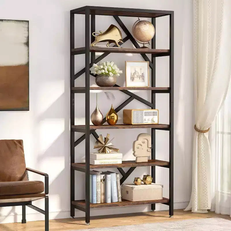  71-Inch Industrial Bookshelf, 6 Shelf Etagere Bookcase, Free Standing Open Storage Display Shelf for Bedroom, Home Office, Living Room