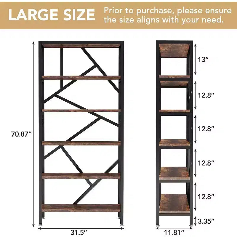Libreria industriale da 180 cm, libreria a 6 ripiani, scaffale aperto autoportante per camera da letto, ufficio, soggiorno