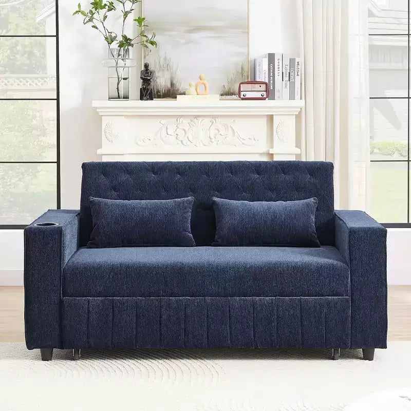  61.4 Pull-out Sofa Bed Convertible Couch Loveseat Sofa Modern Sleeper Sofa with Adjustable Backrest for Living Room Blue