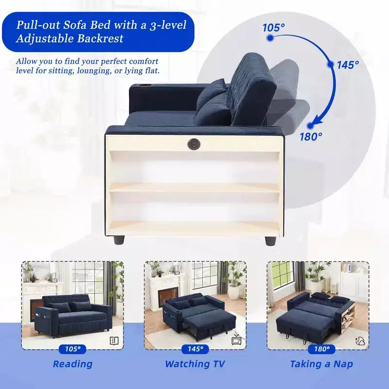 Divano letto estraibile 61,4 Pollici, divano componibile, divanetto, divano letto moderno con schienale regolabile per soggiorno, Blu