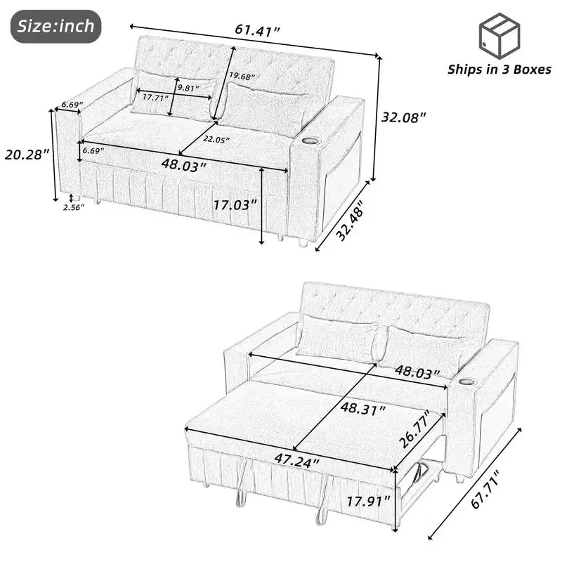 Divano letto estraibile 61,4 Pollici, divano componibile, divanetto, divano letto moderno con schienale regolabile per soggiorno, Blu