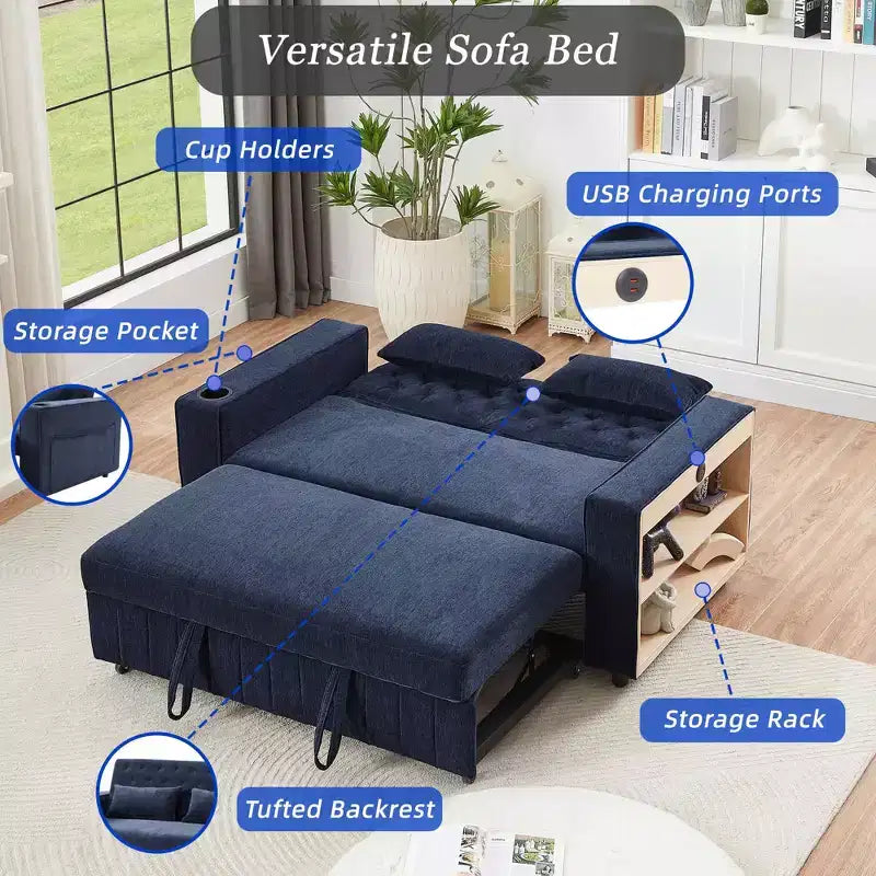 Divano letto estraibile 61,4 Pollici, divano componibile, divanetto, divano letto moderno con schienale regolabile per soggiorno, Blu
