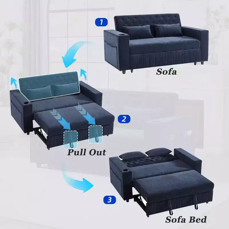 Divano letto estraibile 61,4 Pollici, divano componibile, divanetto, divano letto moderno con schienale regolabile per soggiorno, Blu