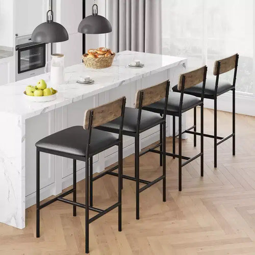 Set of 4 Gray Upholstered Counter Stools  Modern 25.5 Dining Chairs with Metal Legs, Footrest & Backrest for Kitchen Island or Dining Room