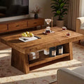  2-Tier Solid Wood Coffee Table, 47-Inch Farmhouse Center Table with Storage for Living Room, Apartment, Home Office, Dark Brown