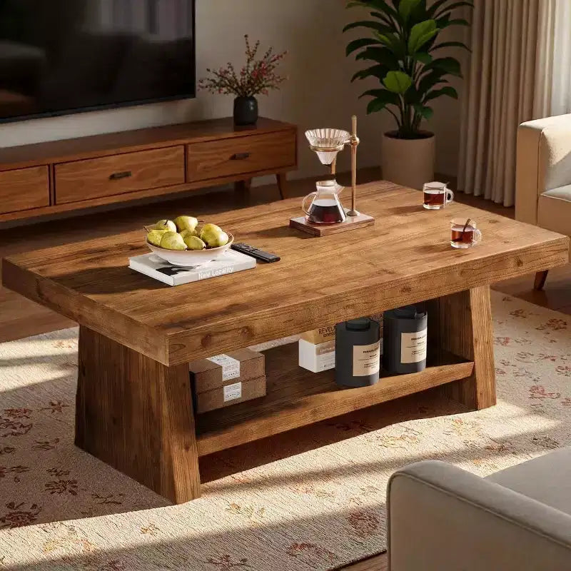  2-Tier Solid Wood Coffee Table, 47-Inch Farmhouse Center Table with Storage for Living Room, Apartment, Home Office, Dark Brown