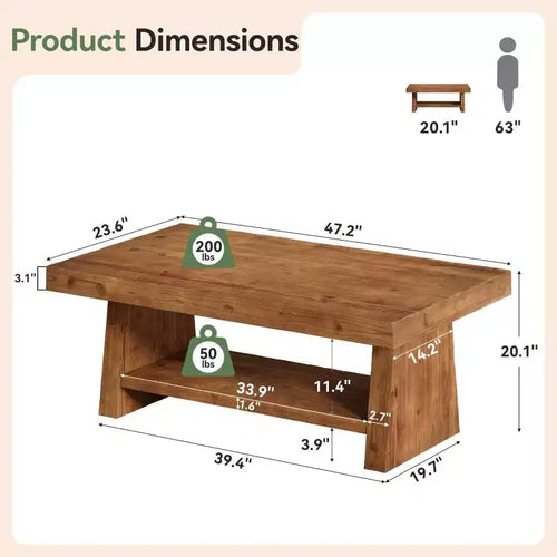 Tavolino da caffè a 2 ripiani in legno massello, tavolino centrale rustico da 119 cm con contenitore per soggiorno, appartamento, ufficio, marrone scuro