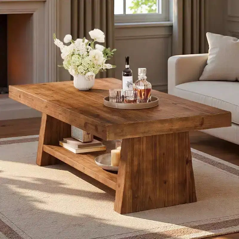 Tavolino da caffè a 2 ripiani in legno massello, tavolino centrale rustico da 119 cm con contenitore per soggiorno, appartamento, ufficio, marrone scuro