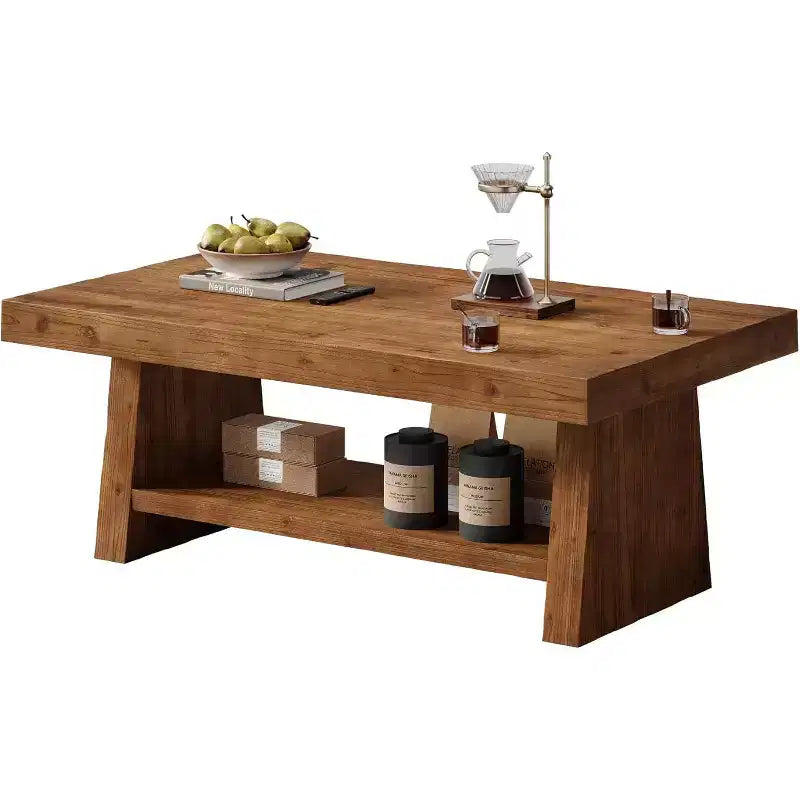Tavolino da caffè a 2 ripiani in legno massello, tavolino centrale rustico da 119 cm con contenitore per soggiorno, appartamento, ufficio, marrone scuro