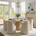 Modern Dining Table Set For 6, Round Pedestal Dining Table, Swivel Rolling Barrel Chairs With Wheels, Textured Chenille- 