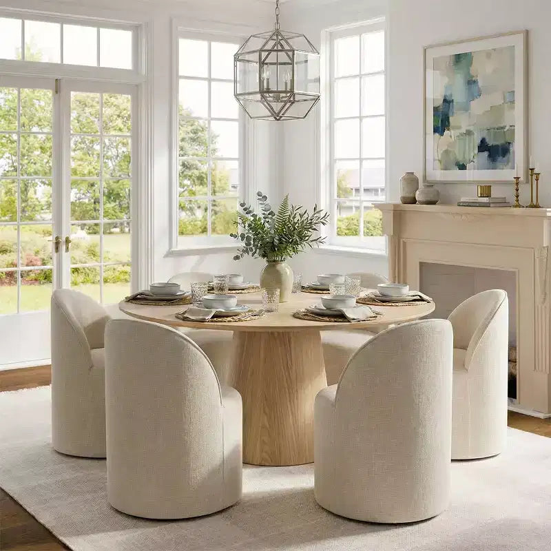 Modern Dining Table Set For 6, Round Pedestal Dining Table, Swivel Rolling Barrel Chairs With Wheels, Textured Chenille- 