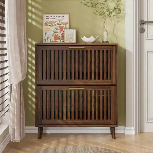  31.5-inch Mid-Century Modern Freestanding Shoe Cabinet with 2 Flip-Top Drawers, Fence-Style Shoe Storage for Hallways and Entrances