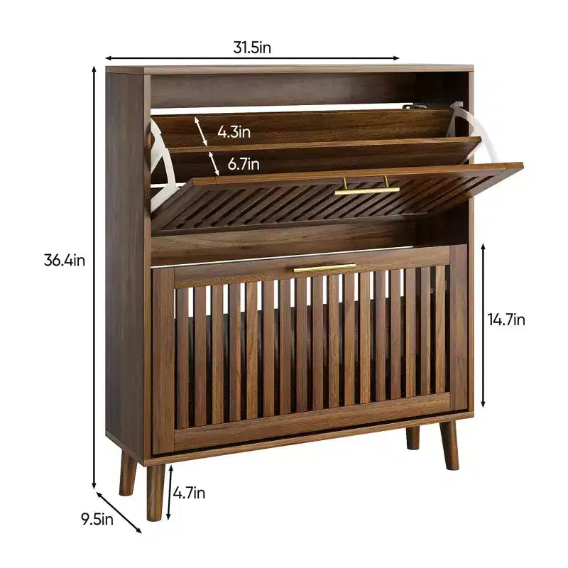 Scarpiera indipendente Mid-Century Modern da 80 cm con 2 cassetti a ribalta, porta scarpe a stecche per corridoi e ingressi