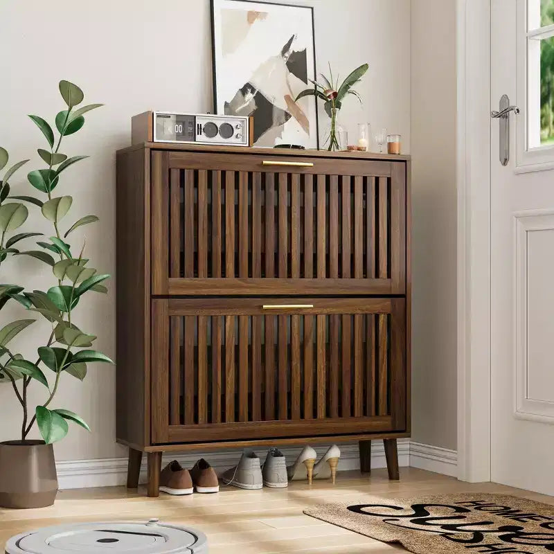 Scarpiera indipendente Mid-Century Modern da 80 cm con 2 cassetti a ribalta, porta scarpe a stecche per corridoi e ingressi