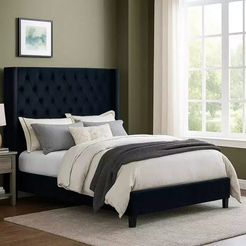  Queen Size Bed, Wingback Headboard In Black Velvet Like Upholstery